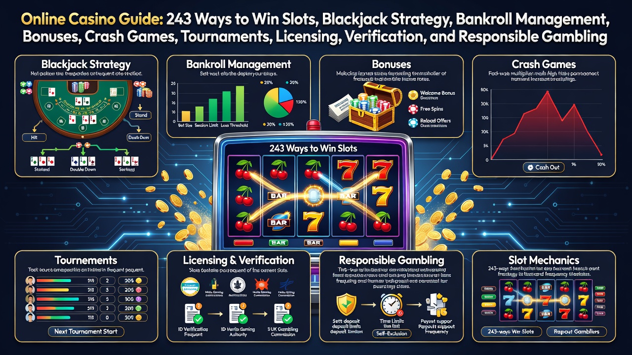 Online Casino Guide: 243 Ways to Win Slots, Blackjack Strategy, Bankroll Management, Bonuses, Crash Games, Tournaments, Licensing, Verification, and Responsible Gambling